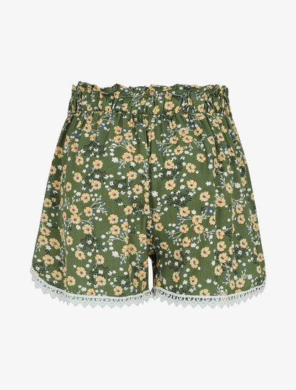 Short imprimé fleurs des champs à taille froncée - Kaki - 2