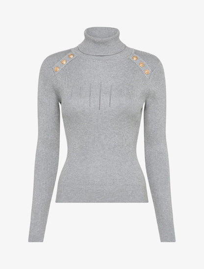 Pull côtelé à col roulé et boutons décoratifs - Gris clair - 4