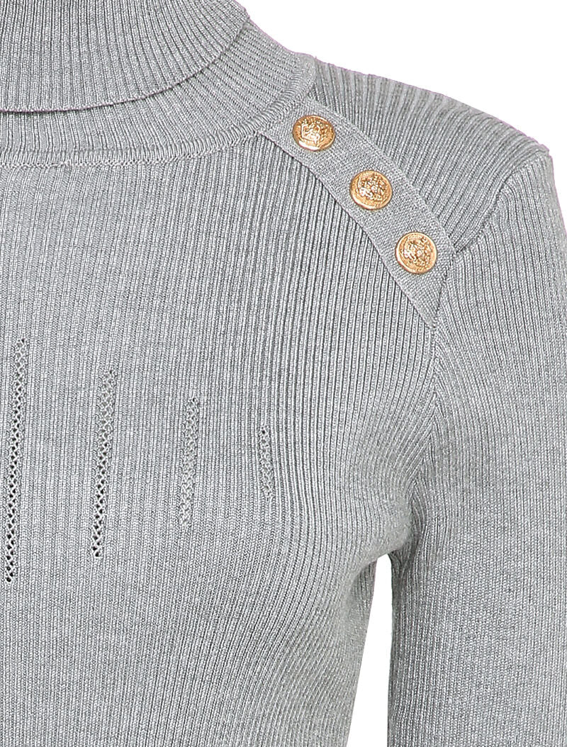 Pull côtelé à col roulé et boutons décoratifs - Gris clair - 3