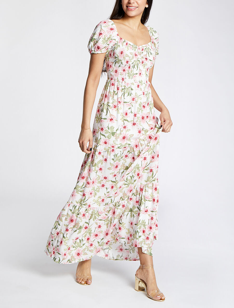 Robe longue élastiquée imprimé marguerite - Blanc - 1