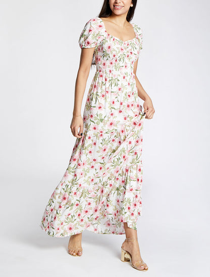 Robe longue élastiquée imprimé marguerite - Blanc - 1