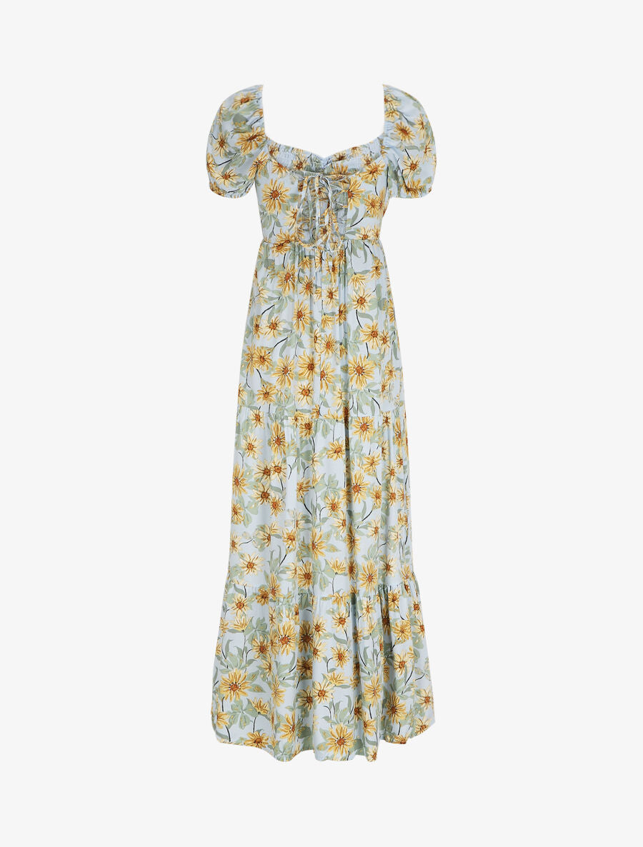 Robe longue élastiquée imprimé marguerite - Bleu ciel - 3