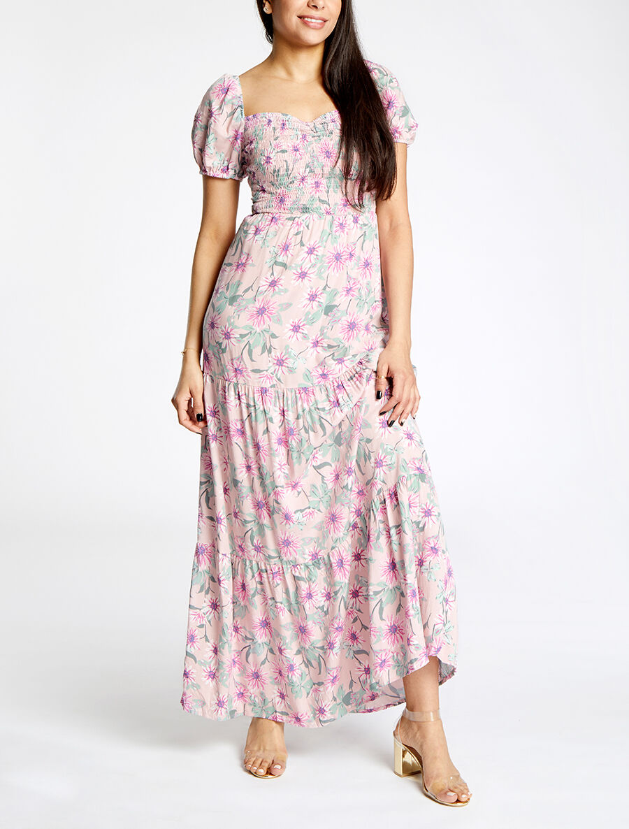 Robe longue élastiquée imprimé marguerite - Rose - 1