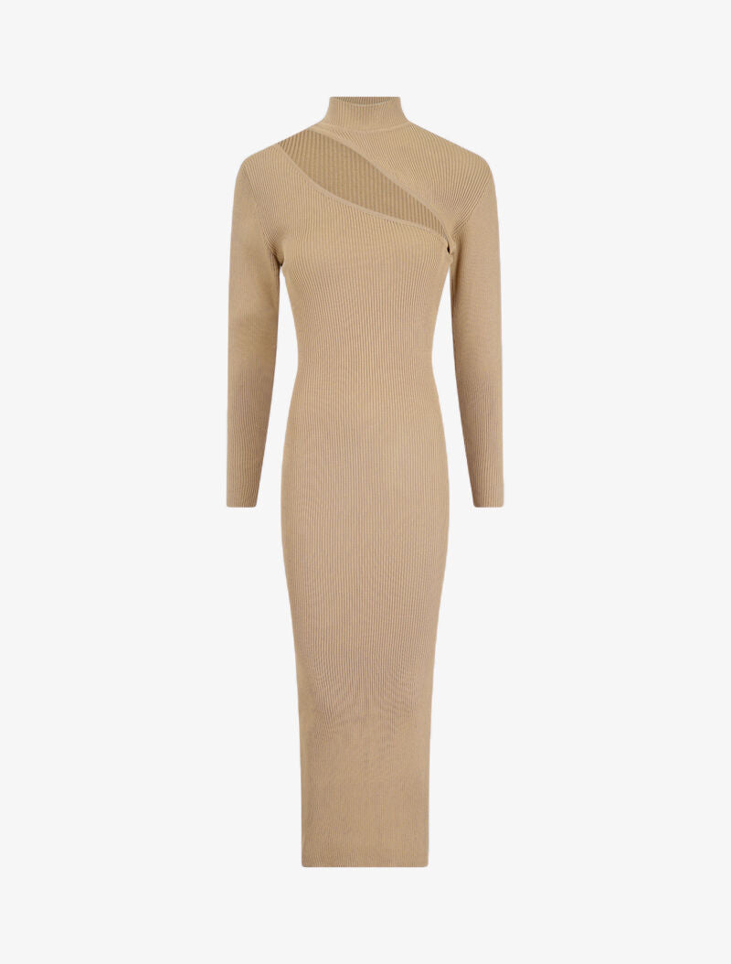 Robe pull côtelée et moulante à décolleté asymétrique - Camel - 1