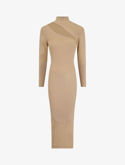 Robe pull côtelée et moulante à décolleté asymétrique - Camel - 1