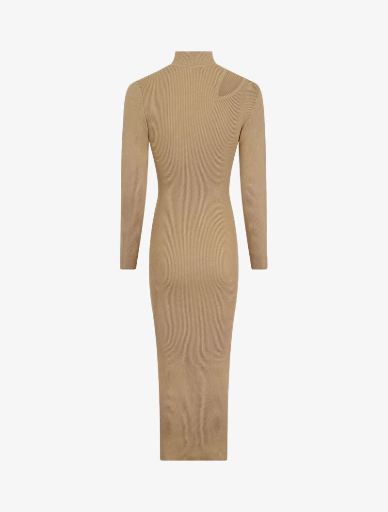 Robe pull côtelée et moulante à décolleté asymétrique - Camel - 2