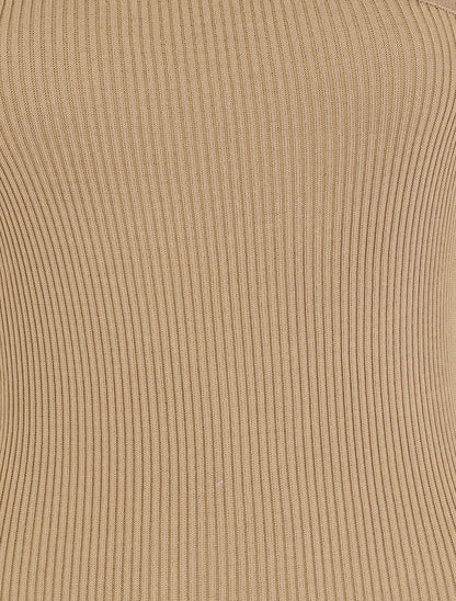 Robe pull côtelée et moulante à décolleté asymétrique - Camel - 3