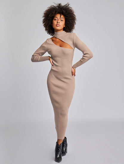 Robe pull côtelée et moulante à décolleté asymétrique - Beige - 4
