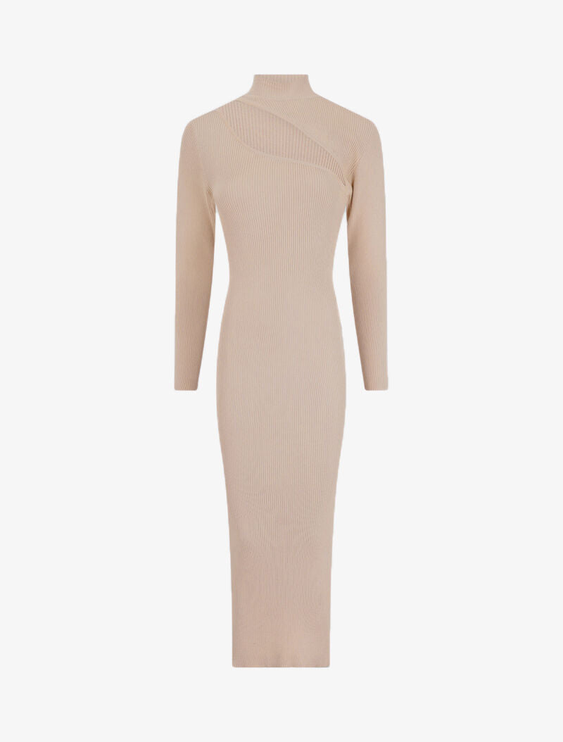 Robe pull côtelée et moulante à décolleté asymétrique - Beige - 1