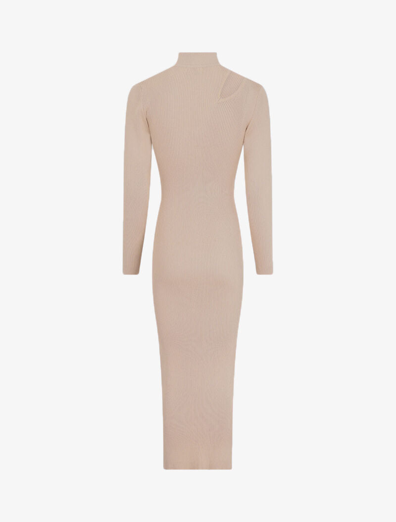 Robe pull côtelée et moulante à décolleté asymétrique - Beige - 2