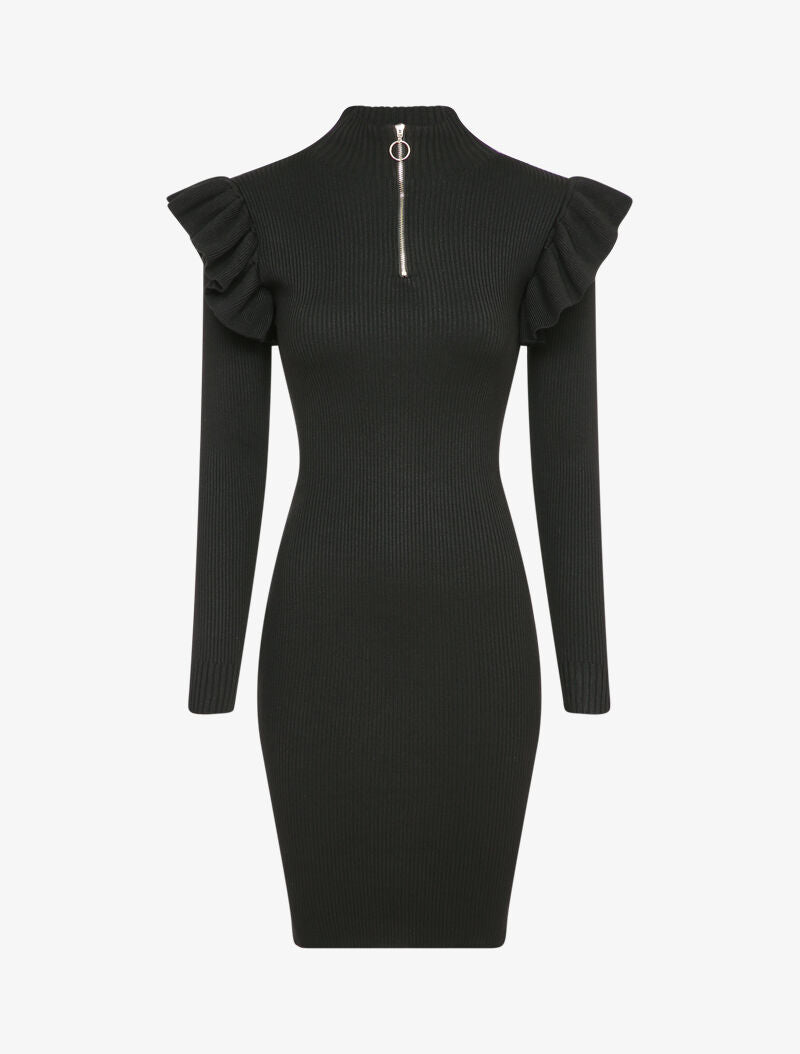 Robe pull à col zippé et épaules volantées - Noir - 1