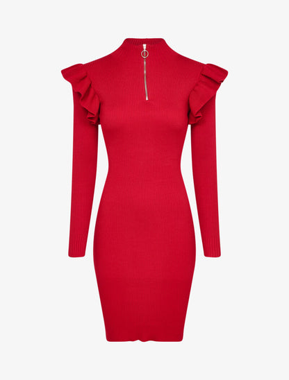 Robe pull à col zippé et épaules volantées - Rouge - 1