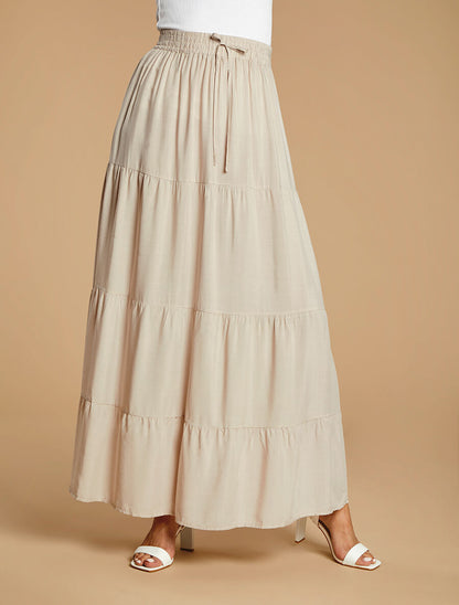 Jupe longue à taille élastiquée - Beige - 4