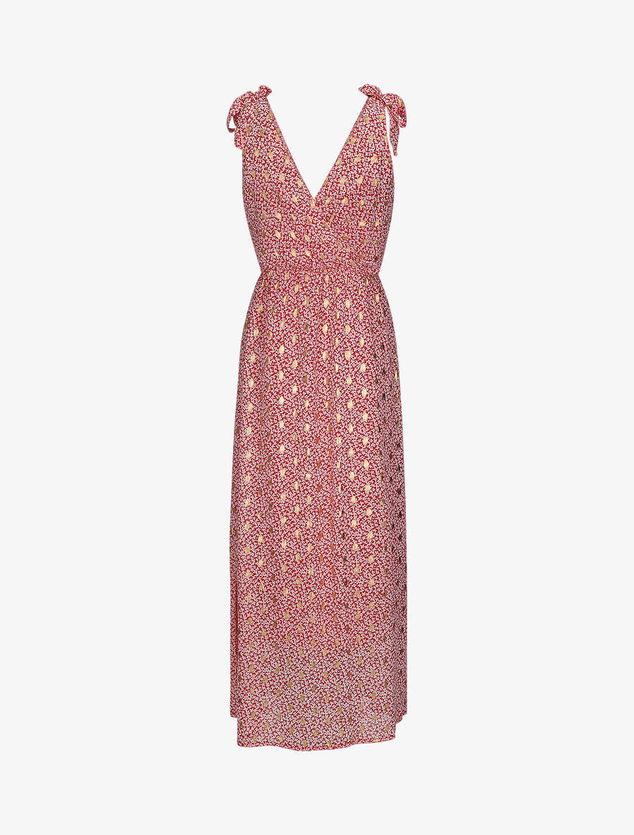 Robe bretelles à noeud imprimé fleuri irisé - Rouge - 2