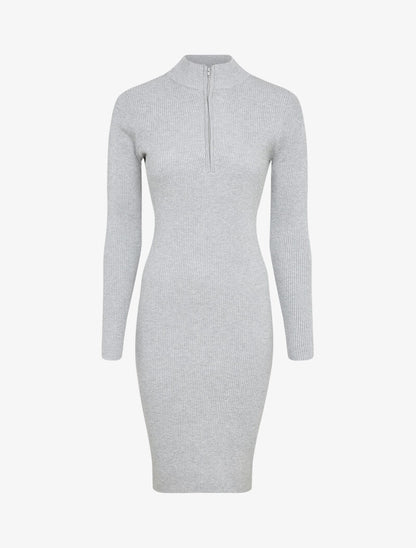 Robe pull côtelée à col montant zippé - Gris - 1