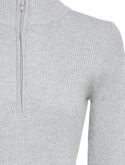 Robe pull côtelée à col montant zippé - Gris - 3