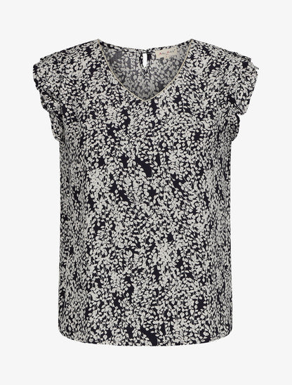 Blouse à imprimé feuillage et manches volantées - Marine - 1