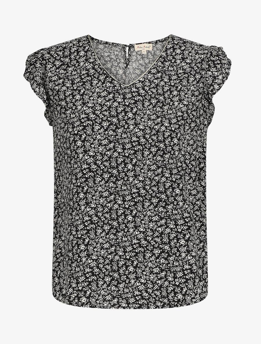 Blouse à imprimé fleuri et manches volantées - Noir - 4