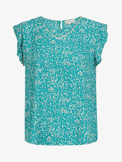 Blouse à imprimé petites fleurs et manches volantées - Turquoise - 4