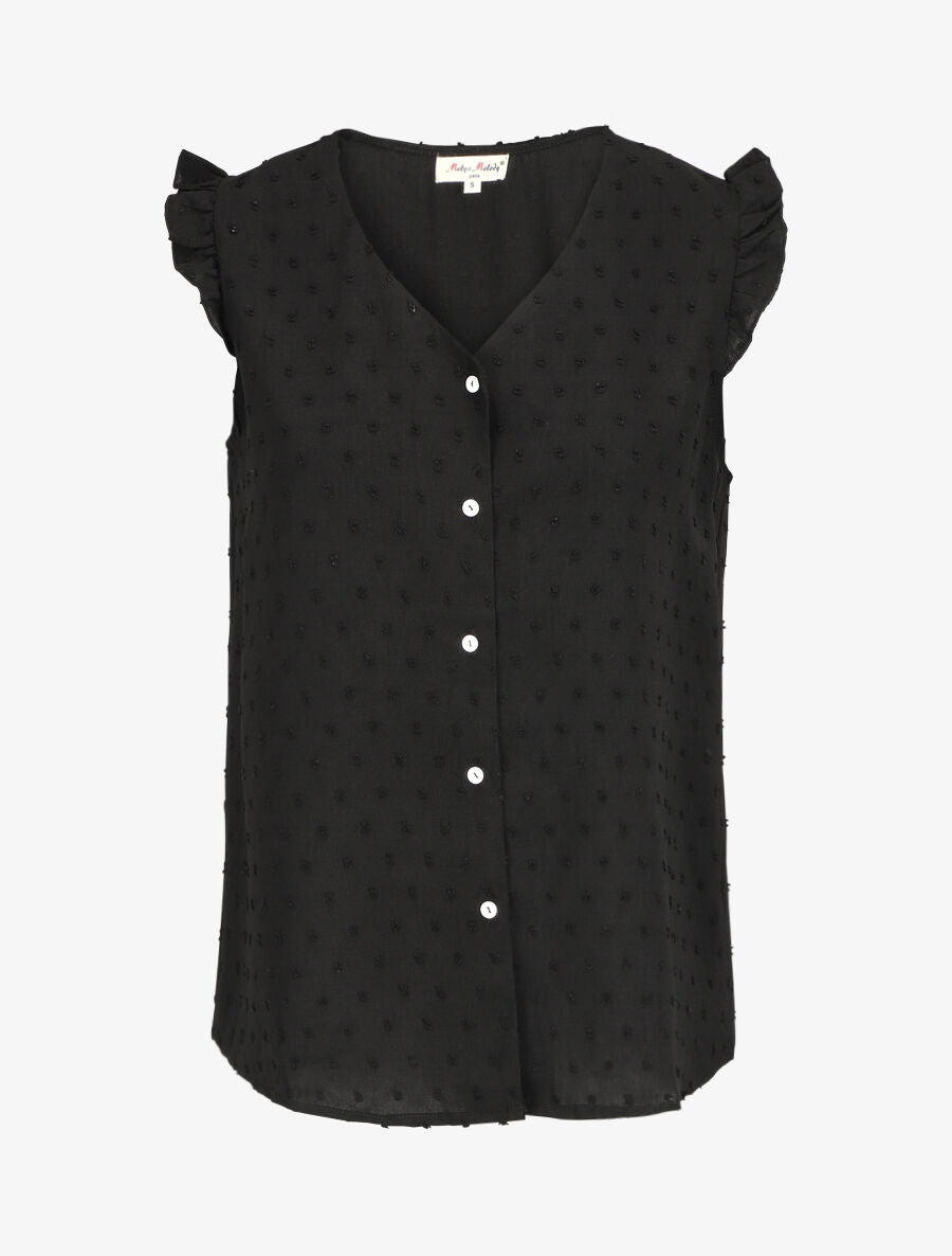 Blouse unie à manches volantées - Noir - 1