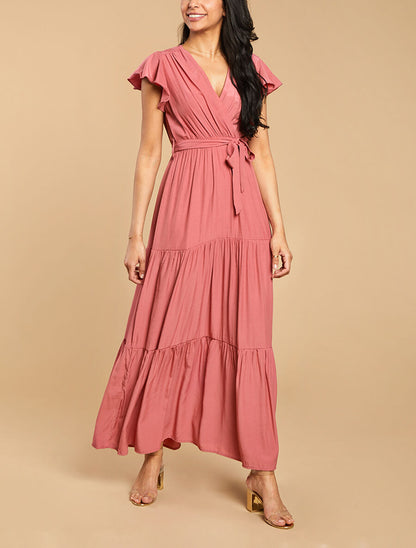 Robe longue unie évasée - Rose - 4