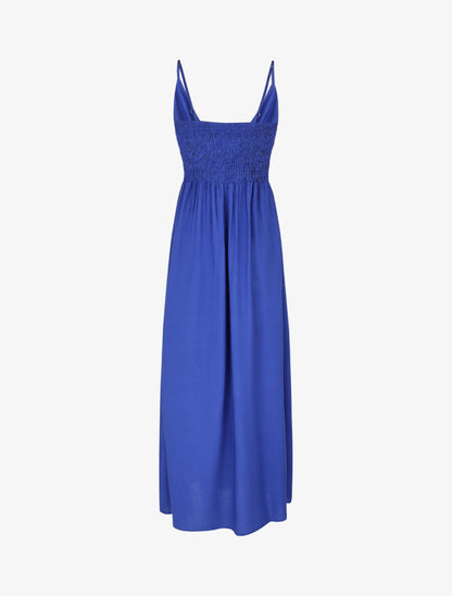 Robe longue unie à taille et dos élastiqués - Bleu - 2