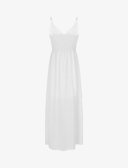 Robe longue unie à taille et dos élastiqués - Blanc - 2