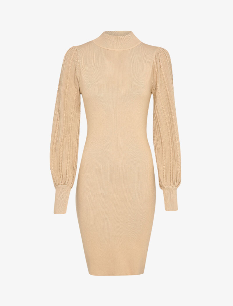 Robe pull à manches bouffantes en maille tressée - Beige foncé - 1