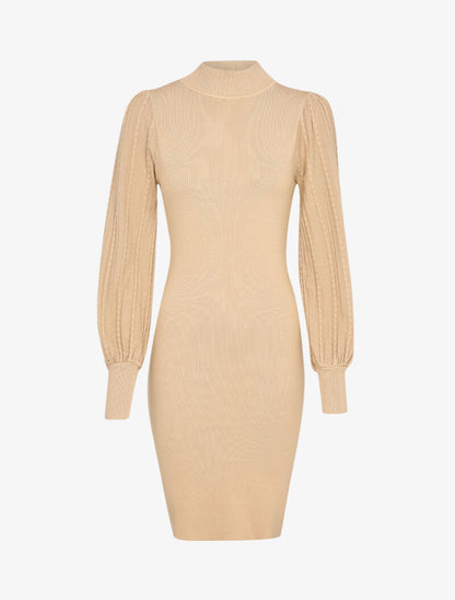Robe pull à manches bouffantes en maille tressée - Beige foncé - 1