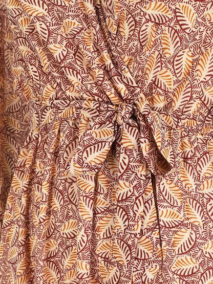 Robe longue en voile imprimé feuilles stylisées - Bordeaux - 3