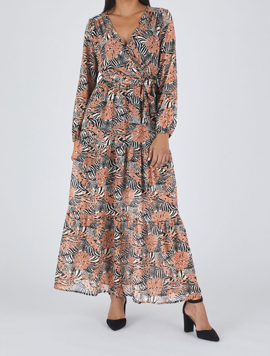 Robe longue en voile imprimé tropical irisé - Rose - 4