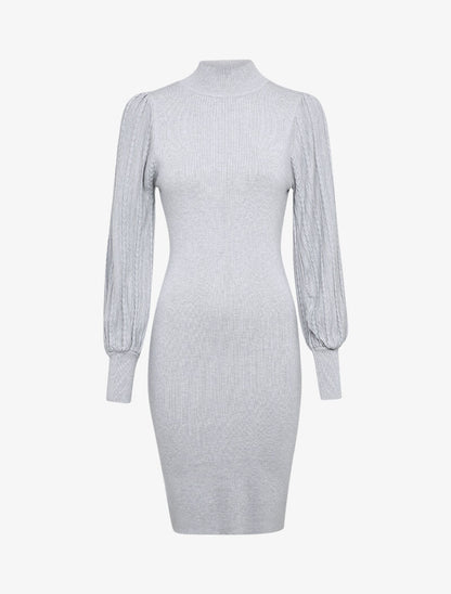 Robe pull à manches bouffantes en maille tressée - Gris - 4