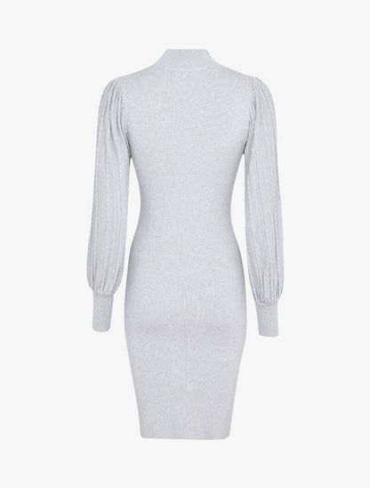 Robe pull à manches bouffantes en maille tressée - Gris - 2