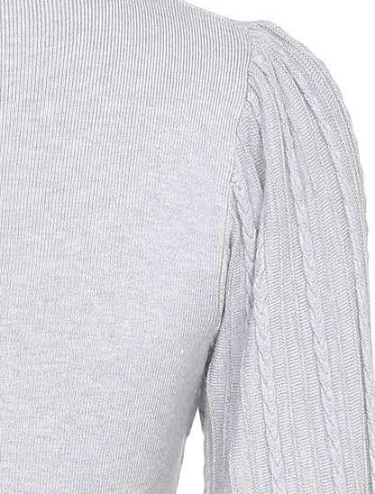 Robe pull à manches bouffantes en maille tressée - Gris - 3