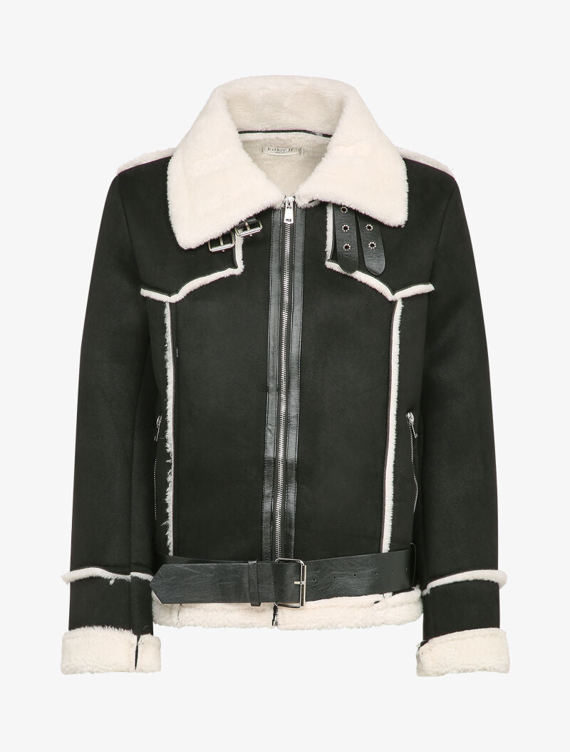 Veste style peau lainée en suédine - Noir - 1