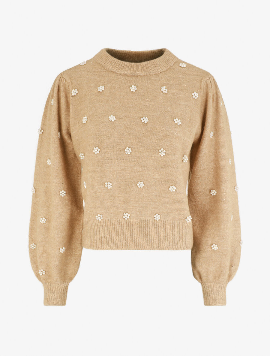 Pull manches ballon et perles - Camel - 1