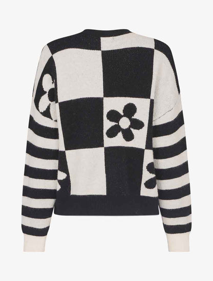 Pull droit à motif fleurs et damier - Noir/écru - 2
