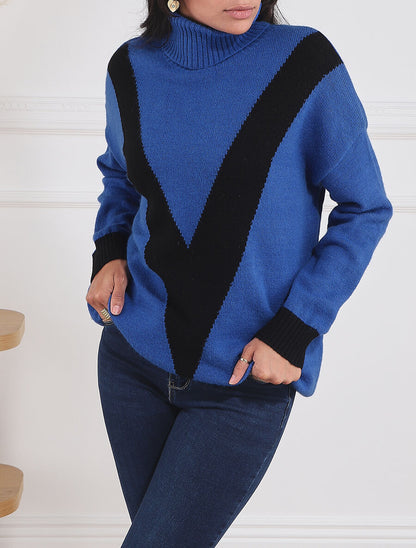 Pull col roulé à motif V - Noir/bleu - 4