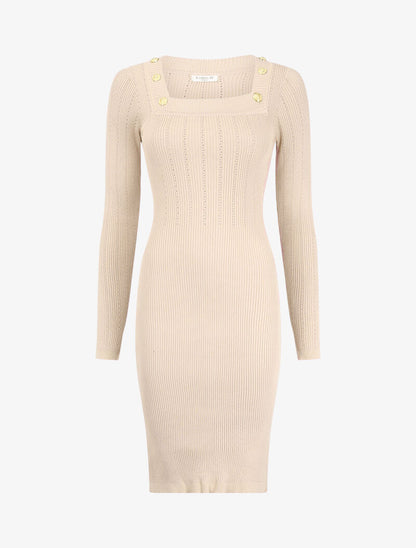 Robe pull côtelée à col carré - Beige - 4