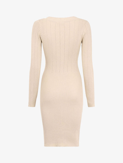 Robe pull côtelée à col carré - Beige - 2