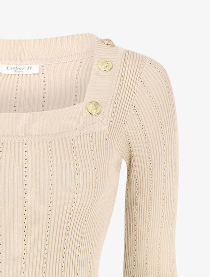Robe pull côtelée à col carré - Beige - 3