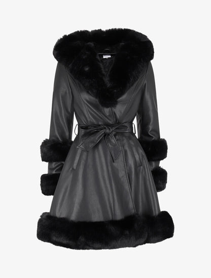 Manteau en simili à capuche et fausse fourrure - Noir - 4