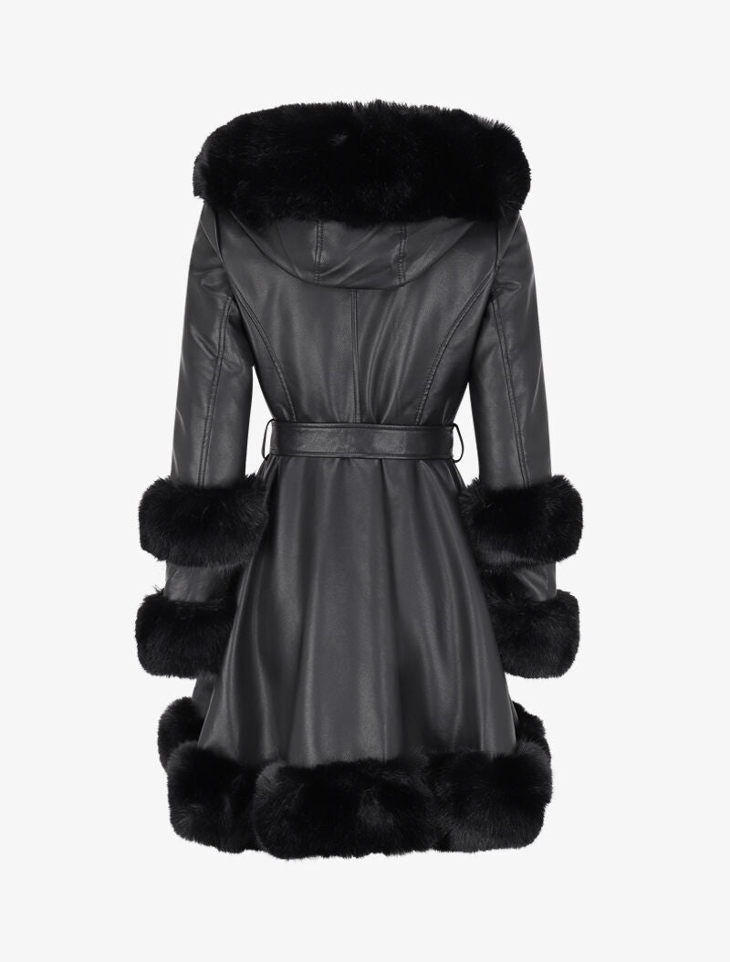 Manteau en simili à capuche et fausse fourrure - Noir - 2
