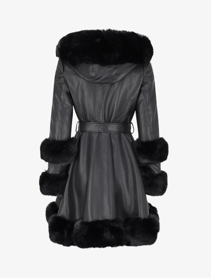 Manteau en simili à capuche et fausse fourrure - Noir - 2