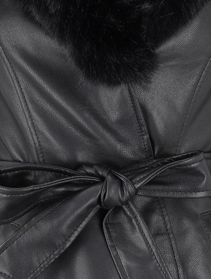 Manteau en simili à capuche et fausse fourrure - Noir - 3