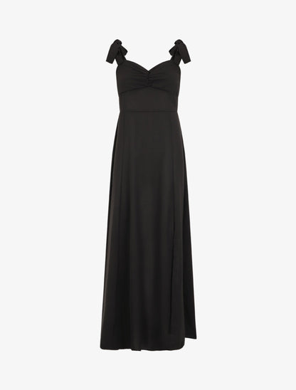 Robe longue unie évasée bretelles à nouer - Noir - 1