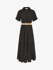 Robe longue unie à col tunisien - Noir - 1