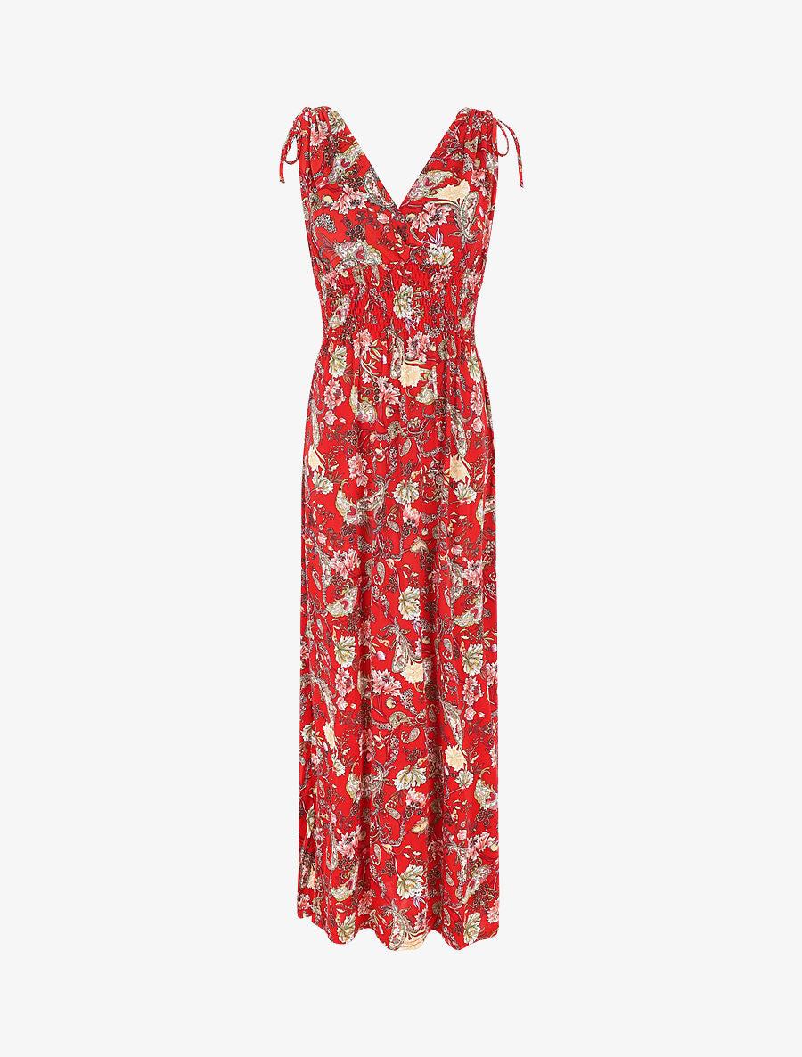 Robe longue élastiquée imprimé foulard - Rouge - 5