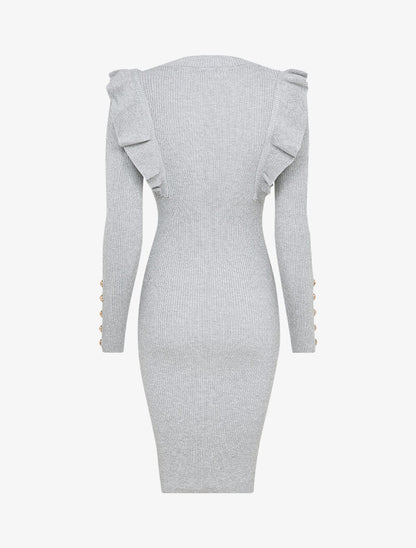 Robe côtelée à épaules volantées - Gris - 2