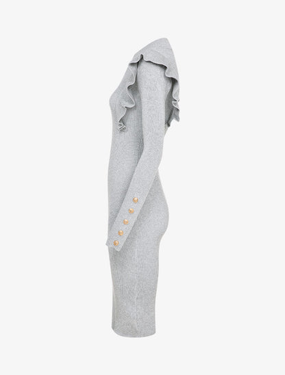 Robe côtelée à épaules volantées - Gris - 3